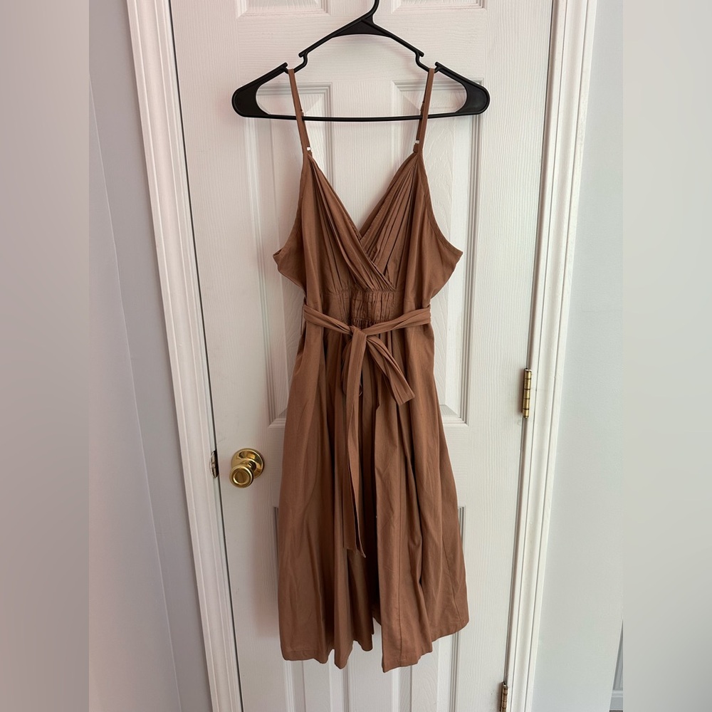 Gap Women’s 12 Petite Midi Tan Dress Pockets 100% Cotton - Picture 2 of 11